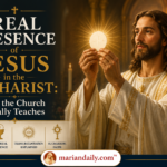 Jesus Christ holding the Holy Eucharist in a church, illustrating Catholic teaching on the Real Presence in the Eucharist