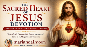 Jesus Christ displaying His Sacred Heart with a crown of thorns and flames, illustrating the Sacred Heart devotion in Catholic tradition