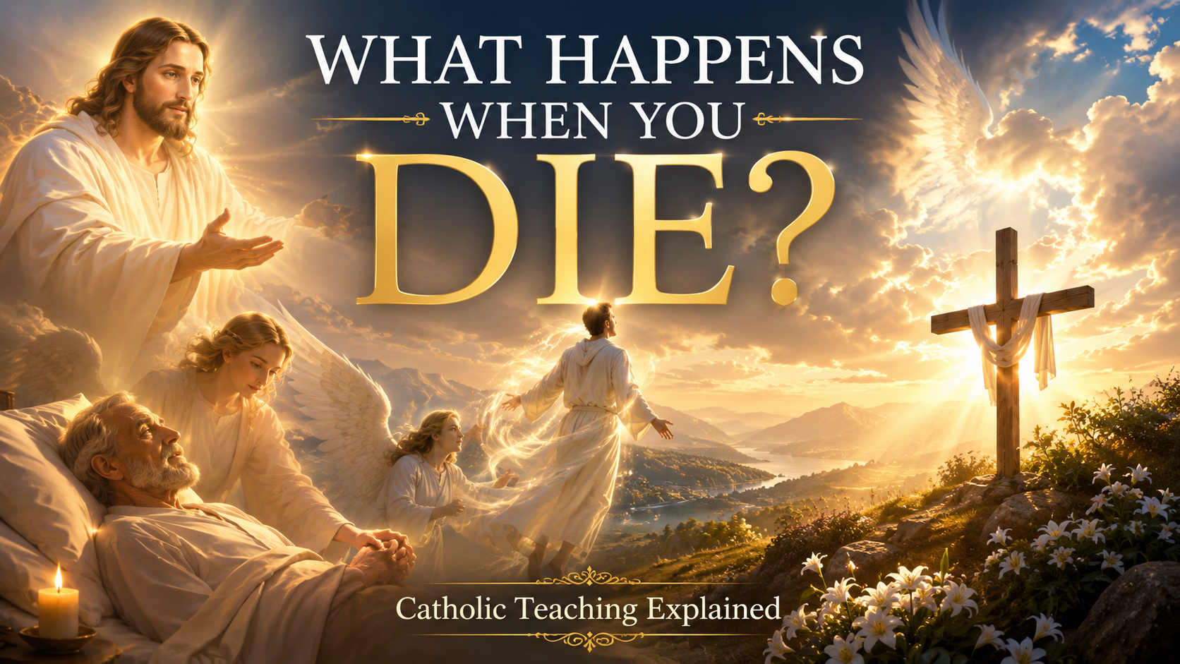 Jesus welcoming a dying man's soul with angels and a sunlit cross, illustrating Catholic teaching on death