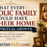 Catholic family praying together at home with a Bible, crucifix, Rosary, sacred images, holy water, and prayer books
