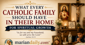 Catholic family praying together at home with a Bible, crucifix, Rosary, sacred images, holy water, and prayer books